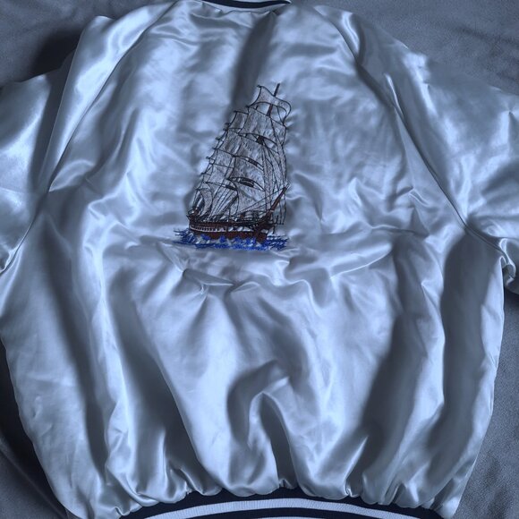 Lg King Louie Profit Embroidered Bomber Jacket- Silver, Sailboat Back 90s RetrO - Picture 8 of 11